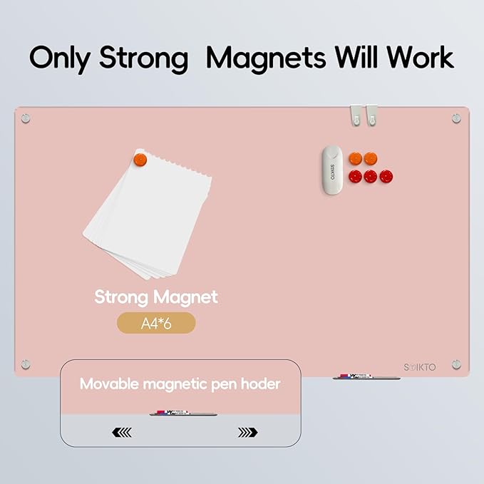Glass Whiteboard - Glass Dry Erase Board 48" x 36" Magnetic White Board Writing Board White Boards for Walls Wall Office Home, Pink