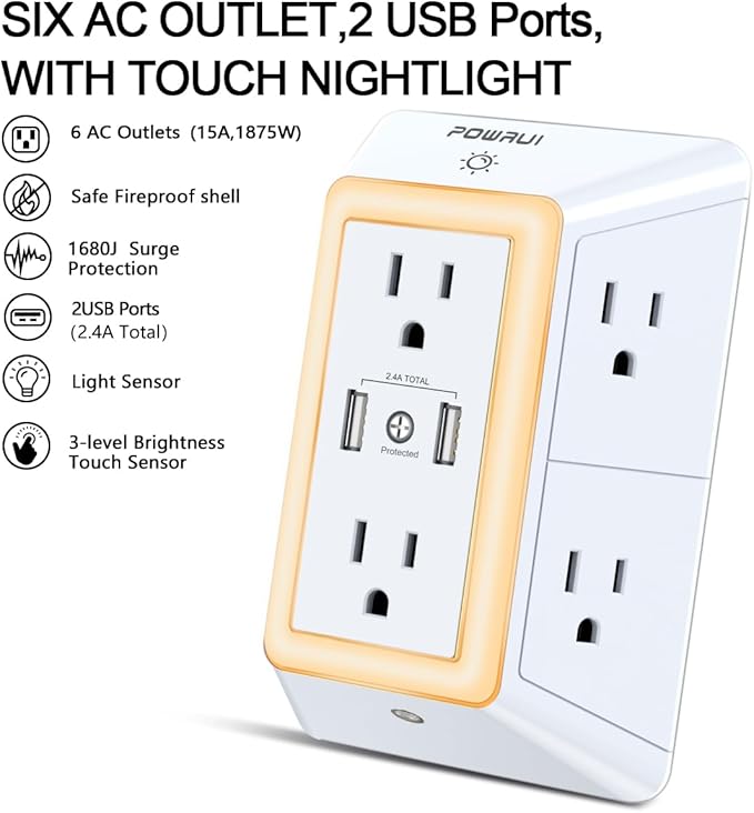 USB Wall Charger, Surge Protector, POWRUI 6-Outlet Extender with 2 USB Charging Ports (2.4A Total) and Night Light, 3-Sided Power Strip with Adapter Spaced Outlets - White，ETL Listed