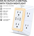 USB Wall Charger, Surge Protector, POWRUI 6-Outlet Extender with 2 USB Charging Ports (2.4A Total) and Night Light, 3-Sided Power Strip with Adapter Spaced Outlets - White，ETL Listed