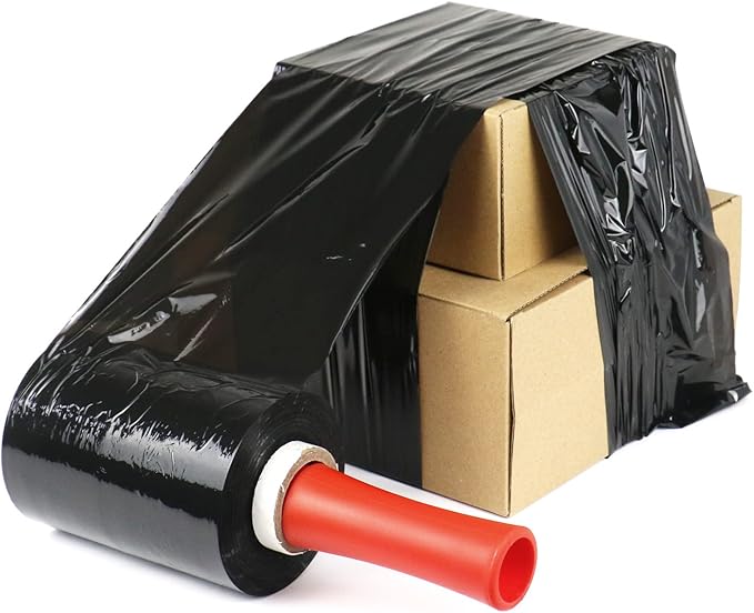 BOMEI PACK Mini Black Industrial Stretch Wrap Film 5" x 1000ft Roll with Handle, 80 Gauge Thick Cling Plastic Wrap for Moving, Pallet Wrap - Self Adhering Packaging Heavy Duty Shrink Film, 4 Pack