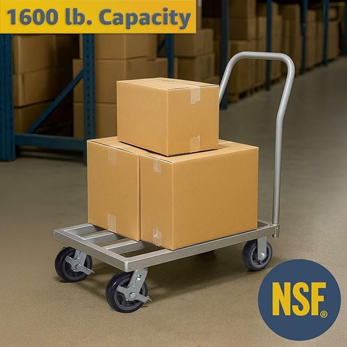 20" x 36" Mobile Aluminum NSF Dunnage Rack - 1600 lb. Capacity with Handle, Heavy-Duty Storage Cart with 6" Casters, Food-Grade Platform Truck for Restaurants, Kitchens, Warehouses