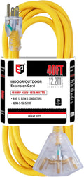 EP 40 Ft 12 Gauge Heavy Duty Extension Cord, 15A 125V 1875W, 3 Outlet Indoor/Outdoor Power Cord with Lighted End, 12/3 SJTW Weatherproof Yellow, UL Listed