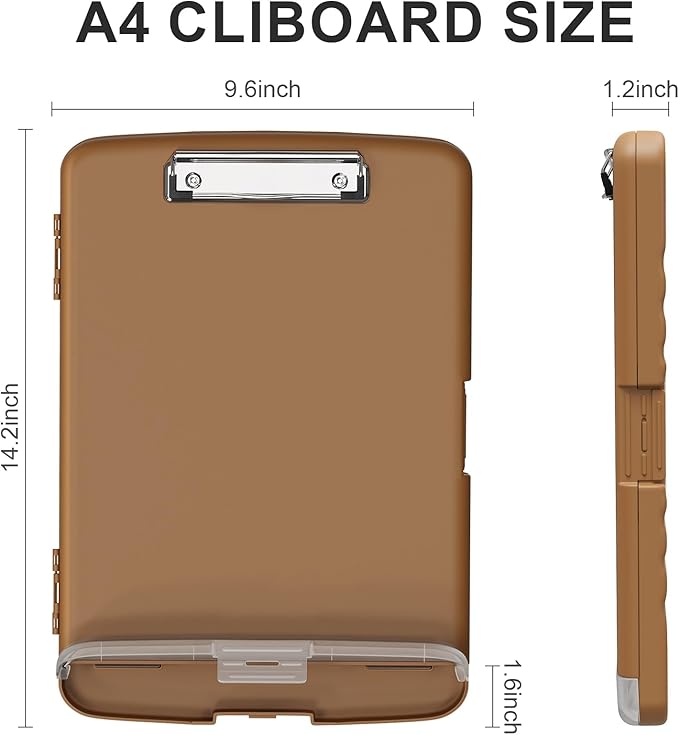 Plastic Clipboard with Storage, 8.5 x 11 Storage Organization Box Side-Opening, Heavy Duty Clip Board with Pen Holder and Paper Folder for Nurses, Teachers, Office & School Supply, Brown