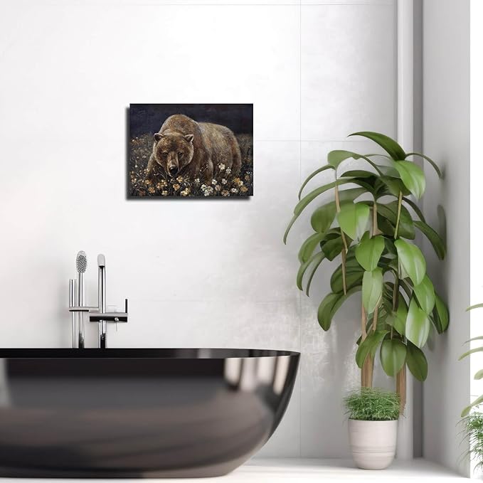 ZHENGYIN Brown Grizzly Bear Wall Art, Rustic Cabin Lodge Wildlife Canvas Print, Mountain Forest Animal Wall Decor for Living Room Bedroom Office, 12x16 Inch