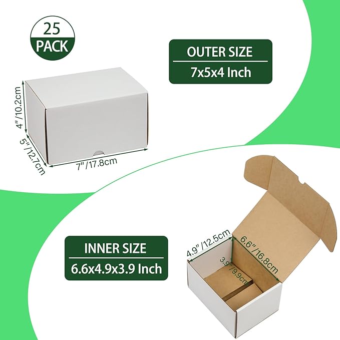 7x5x4 Inches Shipping Boxes Set of 25, White Corrugated Cardboard Box Literature Mailer for Packing Small Business