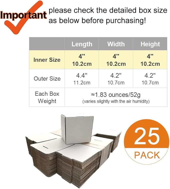 4x4x4'' Small Shipping Boxes, 25 Pack, Cardboard Corrugated Mailers for Business, White (LM444-25)