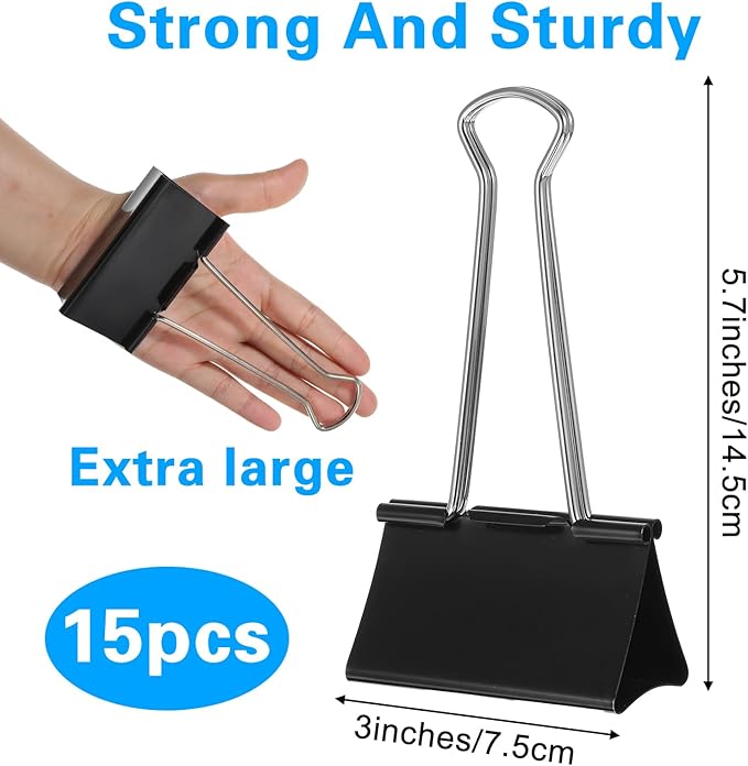 15pcs Extra Large Binder Clips 5.7 × 3 Inch Binder Clips Big Paper Clip Clamps Heavy Duty Paper Clamps Large Binding Clip Paperclips Bulk for Office School Teachers Kitchen Home Supplies
