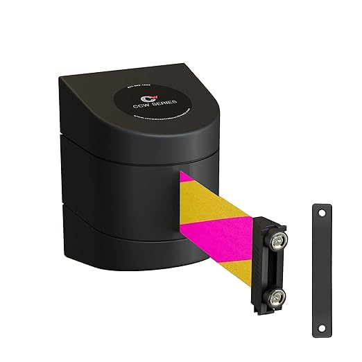 Crowd Control Warehouse - CCW Series WMB-220 Magnetic Wall Mount Retractable Belt Barrier - 15 Foot, Magenta and Yellow Diagonal Belt with Black ABS Case