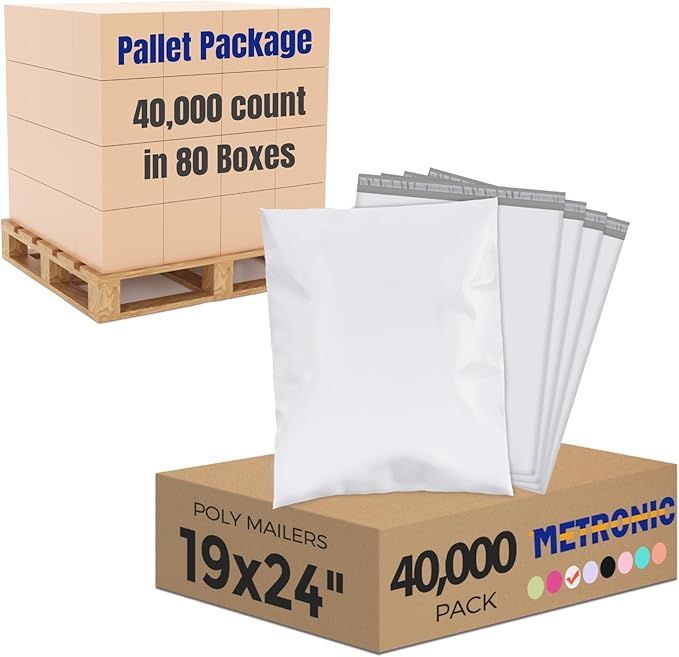 Metronic Poly Mailers 19x24 Inch 40000 Pcs, Large Shipping Bags for Clothing, Small Business, Strong Thick Mailing Bags with Self Adhesive, Waterproof and Tear-Proof Large Shipping Bags Bulk in White