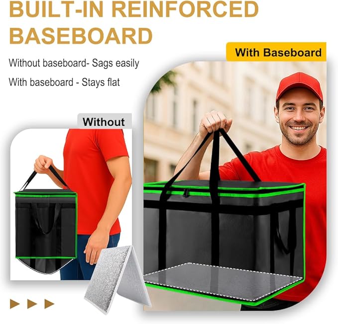 mosago Insulated Food Delivery Bag - Reusable Thermal Cooler Grocery Bags for Catering & Delivery, Pizza Carrier for Events, Large Capacity Bag Keeps Food Hot/Cold (Black with Green Trim, with Base)