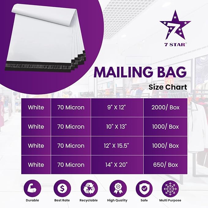 7STAR 9x12 Poly Mailers – Self-Sealing Shipping Envelopes, Tear-Resistant Waterproof Mailing Bags, 2.75 Mil Thick – Available in 1000 or 2000 Count (White, 9" x 12", 1000, Count, 1)