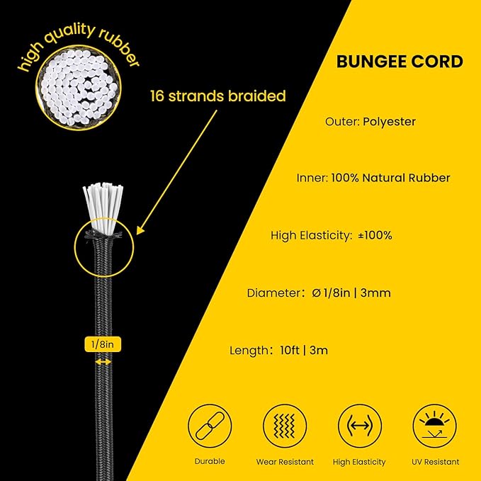 Bungee Cord Elastic Shock Cord 1/8" x 10' Bungee Rope for DIY, Tie Downs, Kayak and Outdoor - Black