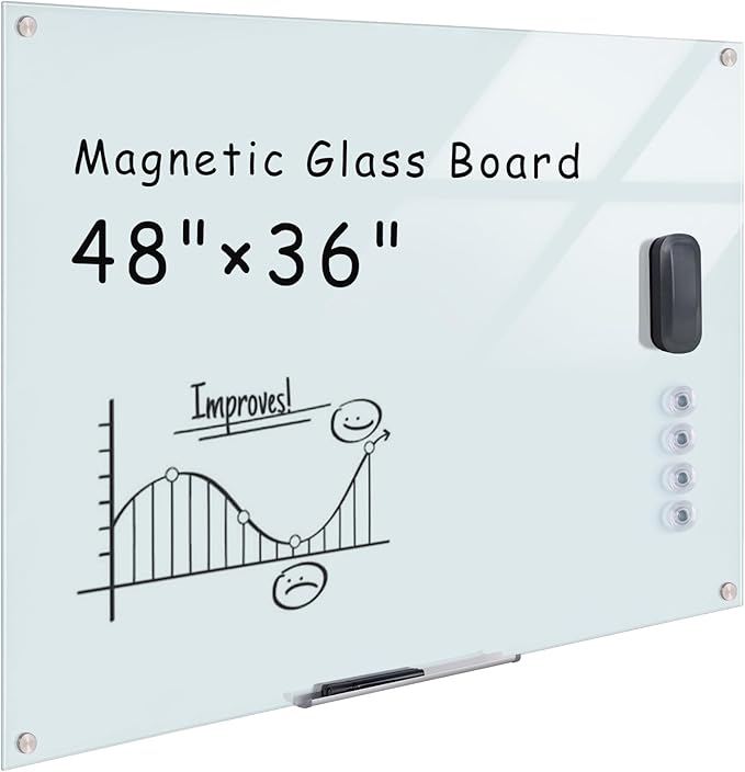 Mifuro Magnetic Glass Whiteboard，48"x36" Wall Mounted Frameless Dry Erase Board for Office, Home & School White