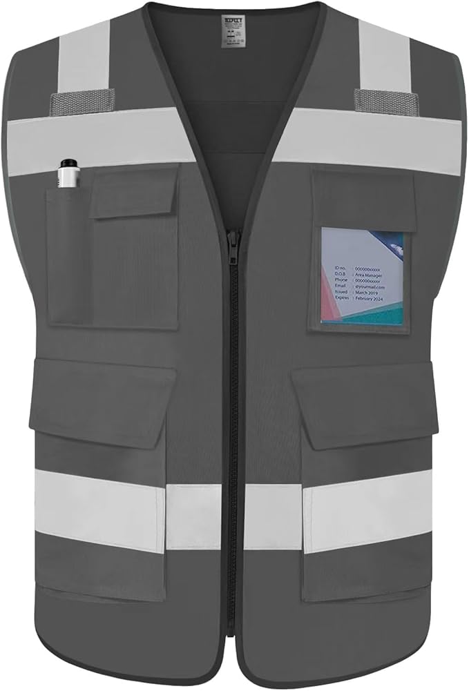 TCCFCCT Reflective Safety Vest 5 Pockets High Visibility Vest for Men Women, Work Vest with Horizontal Strip for Walkie-talkie and ID Card, Meets ANSI/ISEA Standards, Grey, XL