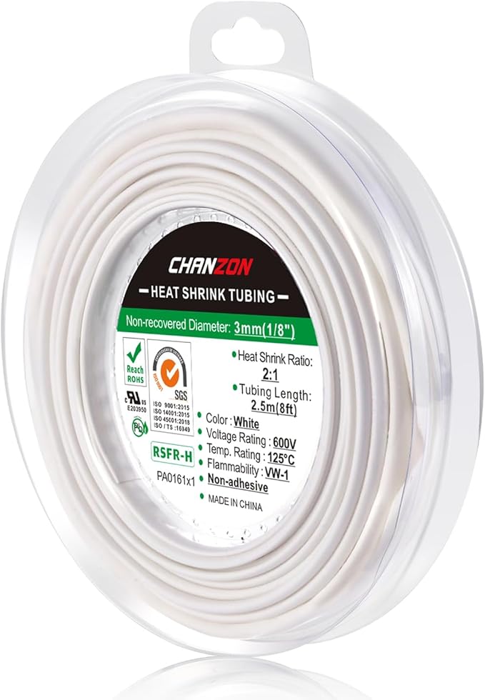 Chanzon 2:1 Ratio 1/8" (3mm) Heat Shrink Tubing 8Ft Roll (2.5M Total Length) White Polyolefin Sleeving Wrap Shrinking 2 to 1 1pcs