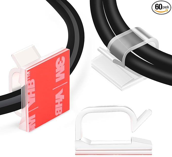 60 PCS XHF 5/8” Adhesive Cable Wire Clips Clear, Outdoor Christmas Light Clips, Cable Staples Cable Management Wire Organizer Cord Holder for Under Desk, Car, Wall, TV PC Ethernet Cable