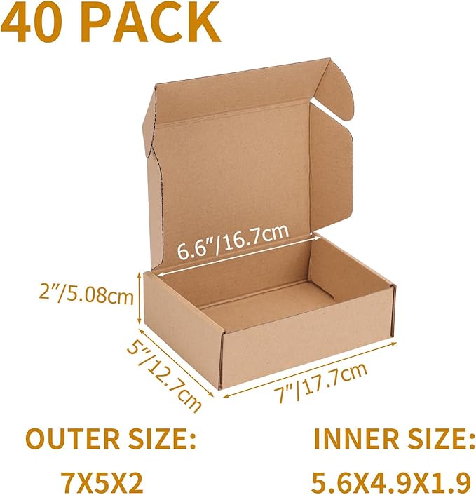 PHAREGE 7x5x2 inch Shipping Boxes Bulk 40 Pack Brown, Tab Lock Tuck Top Mailer Boxes for Packaging Small Business, Small Cardboard Gift Boxes for Wrapping Mailing Present