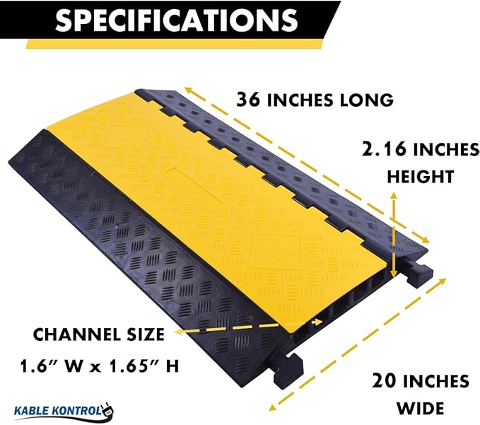 Kable Kontrol Atlas Heavy Duty Cable Protector Ramp - 5 Channel - 1 Pc - 36" Long Black & Yellow - 36,000 Lbs Capacity - Rubber Speed Bump Wire Protector Cord Cover - CP9988