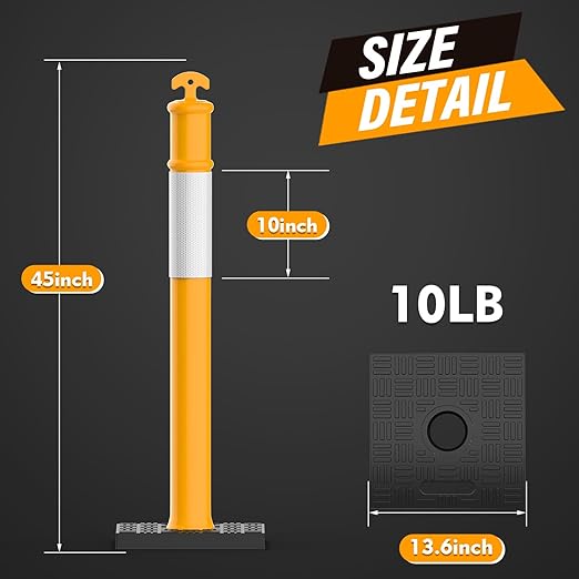 RoadHero 45 Inch Delineator Post with Rubber Base, Heavy Duty Yellow Traffic Delineator Posts Cones with Reflective Collars for Parking Lots, Road Safety, Construction Events 6 Pack