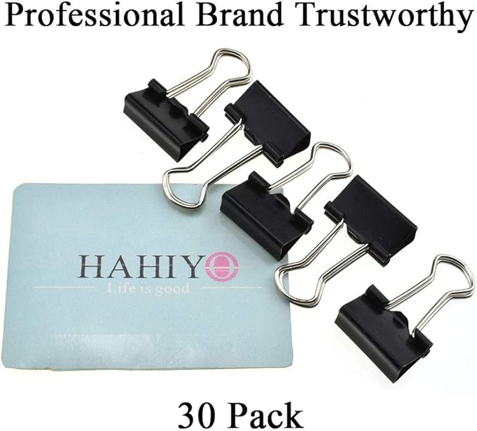 HAHIYO Binder Clips Paper Clamps Spring Steel Sturdy Small 0.75 inches Width 0.28 Inch Capacity No Sharp Edges Heavy Duty Tight Grip Reusable Black Metal Bright Finish for Home Office School 30 Pack