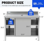 Hally Stainless Steel Cabinet, 30" x 48" NSF Commercial Heavy Duty Prep Workbench with Backsplash and Two Sliding Doors, Large Storage Cabinet, Metal Table for Kitchen, Restaurant, Garage