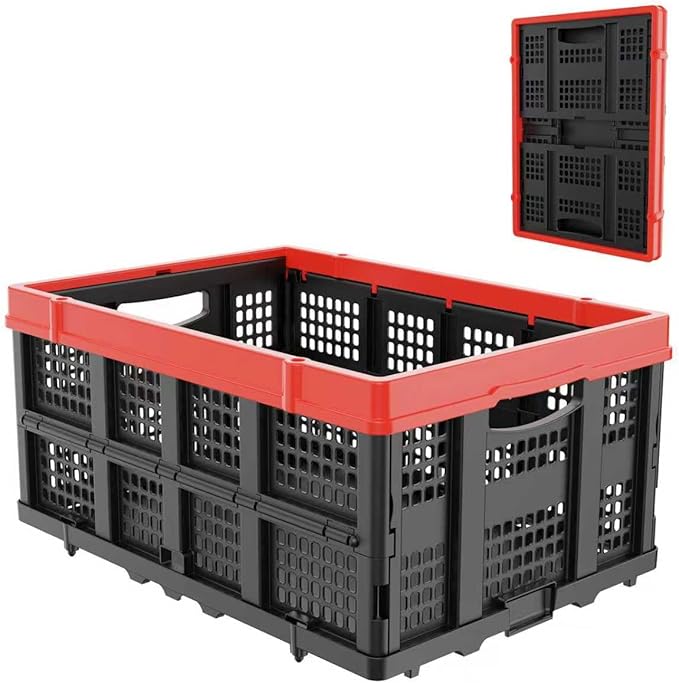 49L Collapsible Crate, Milk Crate for Storage, Foldable Storage Crate, Stackable Crate for Organizing for Home, Shopping, Camping, School, Office, Warehouse, Red