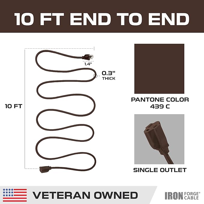 Iron Forge Cable Outdoor Brown Extension Cord 10 ft - 16 Gauge 13 Amp Heavy Duty Brown Outdoor Extension Cords 3 Prong - 16/3 SJTW - Great for Outdoor
