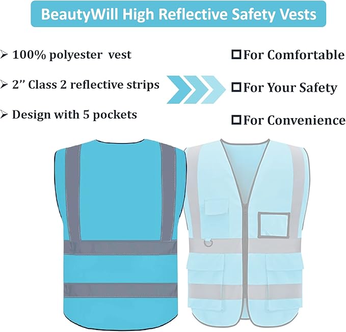 BeautyWill Safety Vest 10 Pack Customize Logo Class 2 High Visibility Reflective Vest with 5 Pockets Construction Security Work Vest ANSI/ISEA Standards