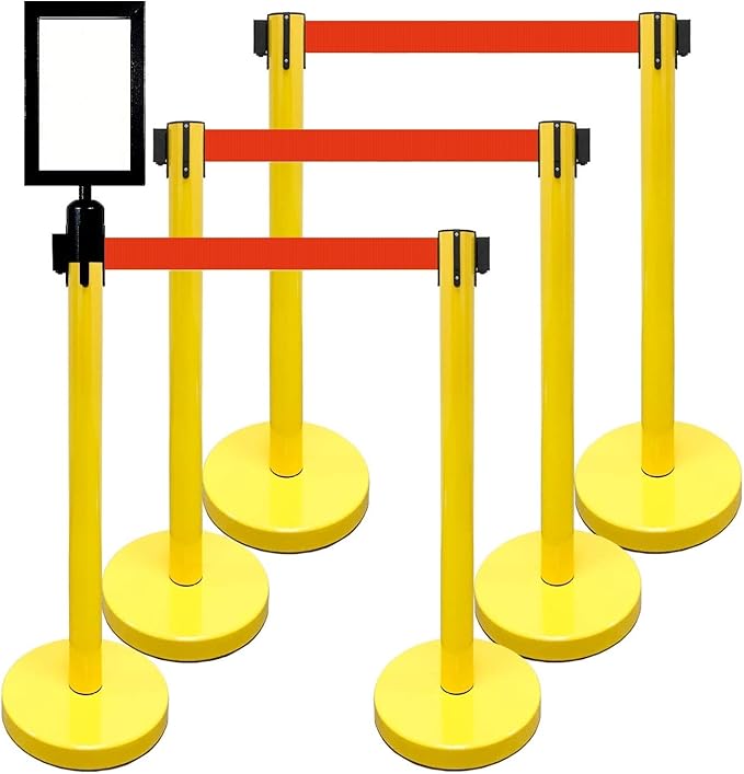 Retractable Stanchion, 6 SPECIALTY Posts + Signframe, 36" Ht, 78" Special Event & Holiday Theme Belt + Bonus Replacement Cassettes + Wall Receiver (YEL Post/Red Belt)