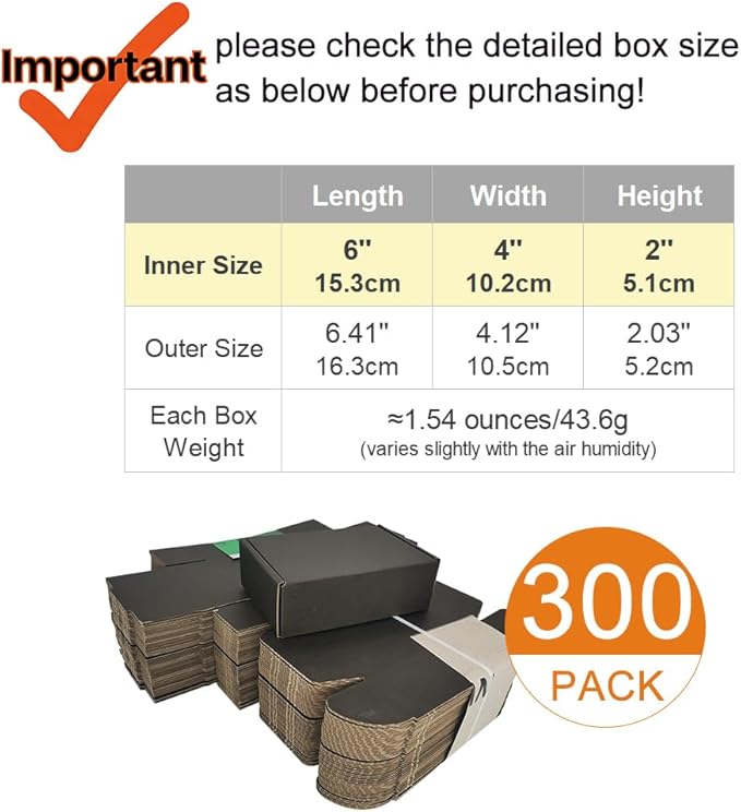 300 Pack 6x4x2'' Small Shipping Boxes, Corrugated Cardboard Mailers for Business, Black (CM642B-300)