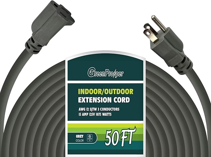 12 Gauge Indoor Outdoor Heavy Duty Grey Extension Cord50 FT, 12 AWG SJTW Electrical Cable, Weather-Resistant Power Cord, Great for Gardenfor, Offices and Lawns
