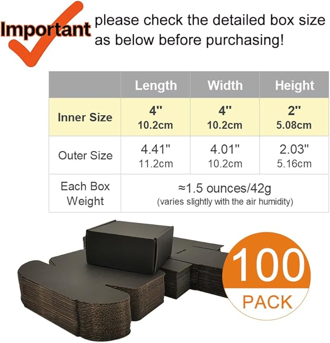 100 Pack 4x4x2'' Small Shipping Boxes, Corrugated Cardboard Mailers for Business, Black (CM442B-100)