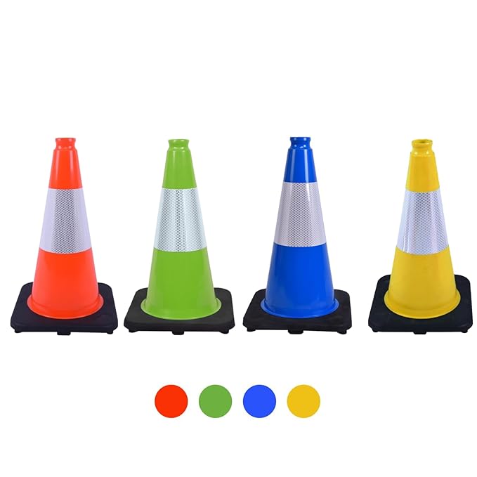 4 Pack 18 Inch Yellow PVC Safety Cones Black Base Stable, Perfect for Parking Practice, Driving School, Construction and Outdoor Sports (4, Yellow, 18 Inch)