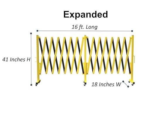 Trafford Industrial Expandable Metal Barricade, 16 Feet, Yellow and Black, Mobile Safety Barrier Gate, Retractable Traffic Fence