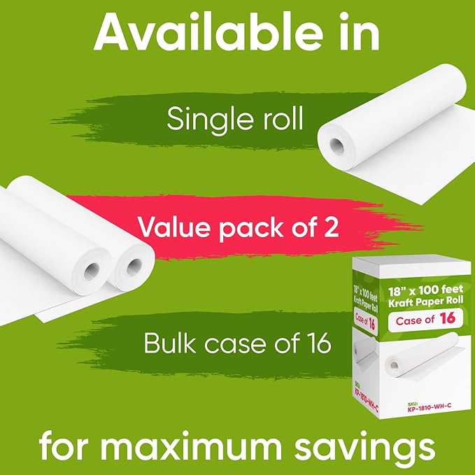 18" x 1200" (100 ft) White Kraft Paper Roll (Value Pack of 2), 45 lbs Thickness, Made in USA Colored Kraft Paper for School, Bulletin Board - Odorless, Non-Toxic, Safe for Kids