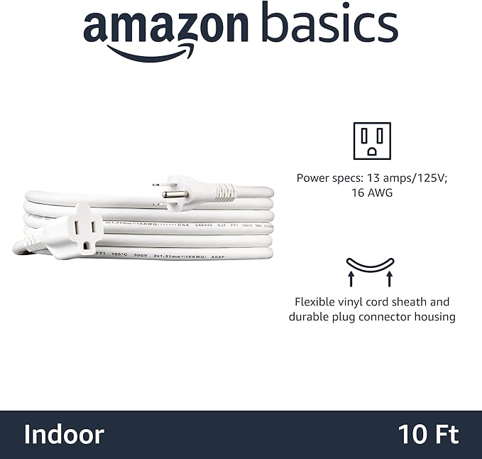 Amazon Basics Extension Cord, 10 Ft, 3 Prong Outlet Extender, Indoor Extension Cord, 13 Amps, 125V, White