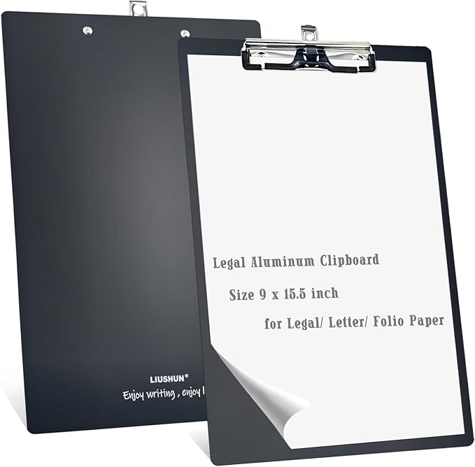 Legal Aluminum Clipboard Metal w/Stainless Hangable Pen Holder Writing Low Profile Large Clip Board 9" x 15.5" Message Tabletop for Lawers Office Business Workshop Factory Supplies (Black, Legal)