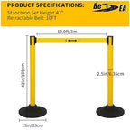 6PACK Crowd Control Stanchions Yellow Set BESEA Heavy Duty Crowd Control Barriers with 10' FEET Black Retractable Belt, Heavy Duty Rubber Base, Easy to Install (6PACK)