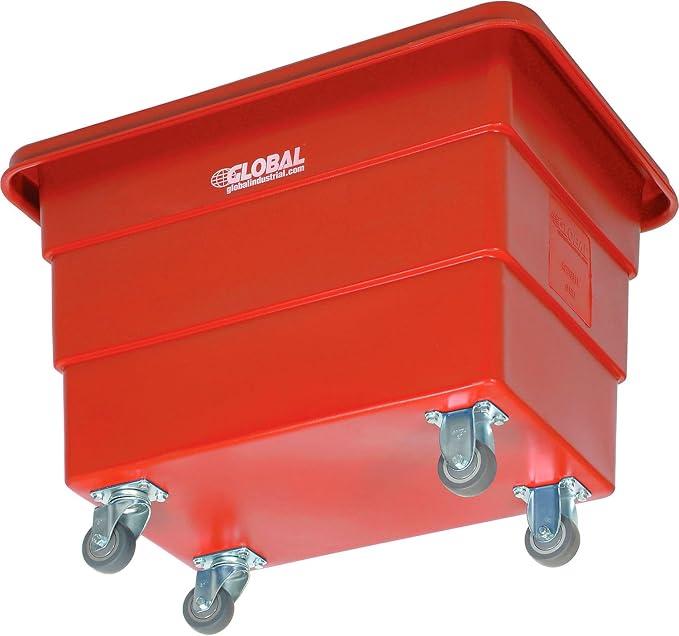 Global Industrial 6 Bushel Plastic Bulk Box Truck, Direct Mount Base, 500 lbs. Capacity, 3" Non-Maring Rubber Casters, Red, 33-2/5"L x 23" W x 24-1/2"H