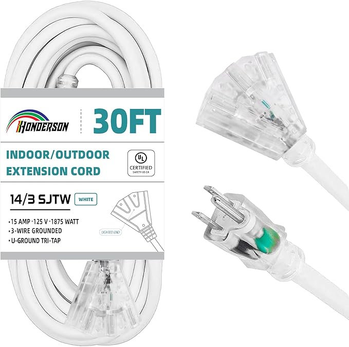 3-Outlets Indoor Outdoor Extension Cord Weatherproof with Lighted End, UL Listed, 14 Gauge 30FT White 3 Prong Heavy Duty, 14/3 SJTW 15A Power Cord