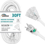 3-Outlets Indoor Outdoor Extension Cord Weatherproof with Lighted End, UL Listed, 14 Gauge 30FT White 3 Prong Heavy Duty, 14/3 SJTW 15A Power Cord