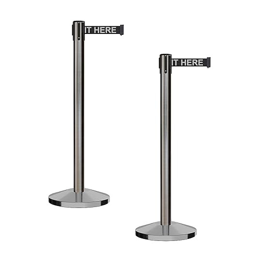 CCW Series RBB-100 - Set of 2 Stanchion Retractable Belt Barriers (11 Foot Belt, Black with"Please Wait HERE" White Letters Belt with Satin Stainless Steel Post)
