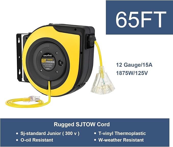 Retractable Extension Cord Reel, 65 Feet 12 AWG/3C SJTOW Heavy Duty Power Cord,15 AMP Circuit Breaker, 3-Lighted Triple Outlets, Ceiling or Wall Mount,Yellow