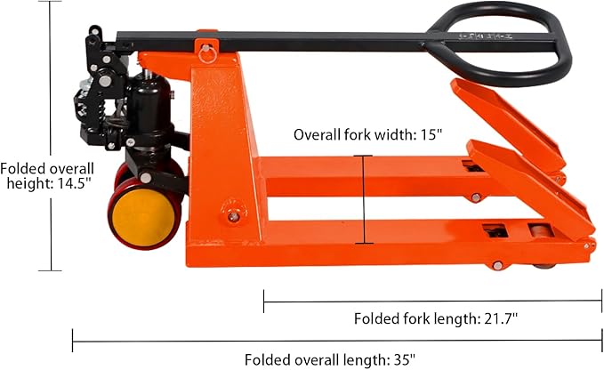 Tory Carrier Mini Pallet Jack Trucks, 2200 lbs Capacity 31.5" x 15" Forks, Small Size Narrow Manual Pallet Lift, Foldable Forks and Handle, Orange