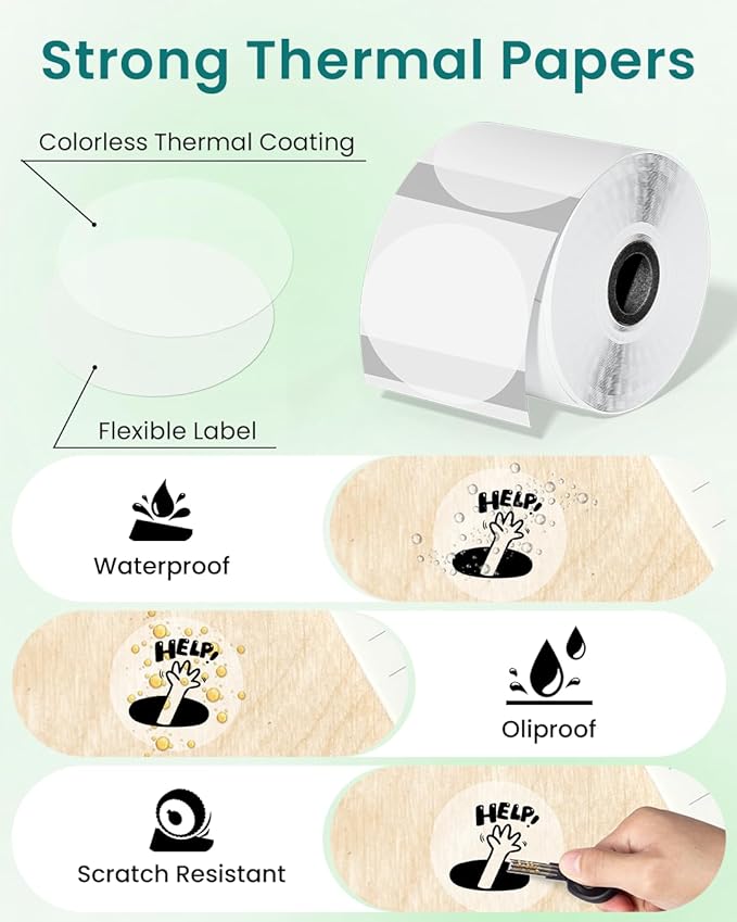 Phomemo Thermal Labels - Clear Circle Labels, M110/M220/M221/M120/M200, Transparent, 1.96"x1.96" (50x50mm), Round Stickers for Logo/Barcode/Address