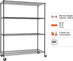 Trinity Basics 4-Tier Adjustable Wire Shelving with Wheels for Kitchen Organization, Garage Storage, Laundry Room, NSF Certified, 600 to 1800 Pound Capacity, 60” by 24” by 72”, Black