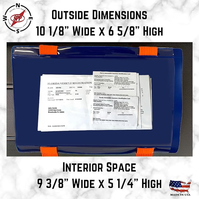 Florida, Document Holder for Vehicle Visor. Perfect for Insurance & Registration. Royal Blue Back, Orange Stretch Band, Orange Buckle, Made in USA