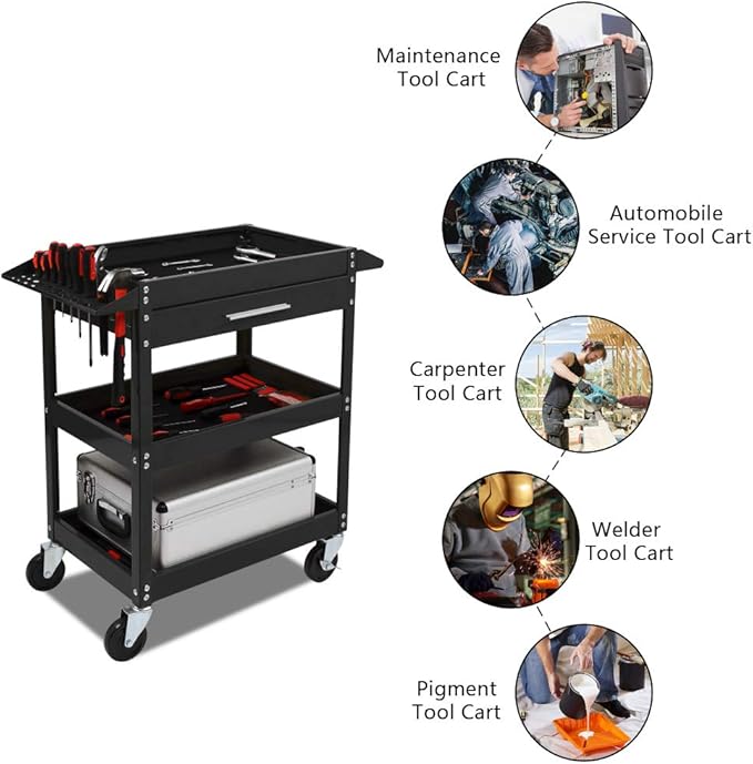TUFFIOM 3 Tier Rolling Tool Cart with Drawer, Tool Service Cart on Wheels w/2 Brake, 330 LBS Capacity Industrial Heavy Duty Utility Cart, Tool Organizer for Mechanic, Garage, Warehouse & Repair Shop