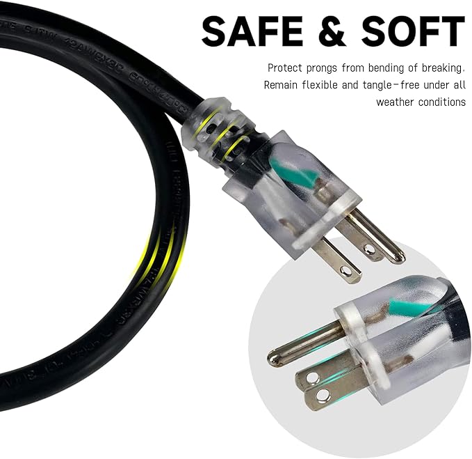EP 10 Ft Lighted Outdoor Extension Cord - 10/3 SJTW Heavy Duty Black Extension Cable with 3 Prong Grounded Plug for Safety, UL Listed