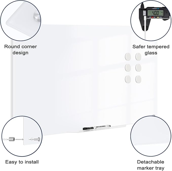 Magnetic Glass Whiteboard, 8' x 4' Glass Dry Erase Board for Wall, 96" x 48" Large Frameless White Board with 1 Marker Tray and 10 Magnets for Office, Home, Classroom - Ultra White